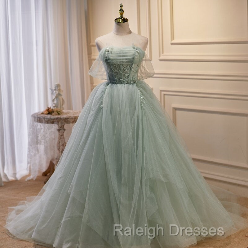 Light Green Tulle Beaded Ball Gown Off Shoulder Party Dress, Green Sweet 16 Dress