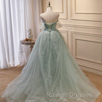 Light Green Tulle Beaded Ball Gown Off Shoulder Party Dress, Green Sweet 16 Dress