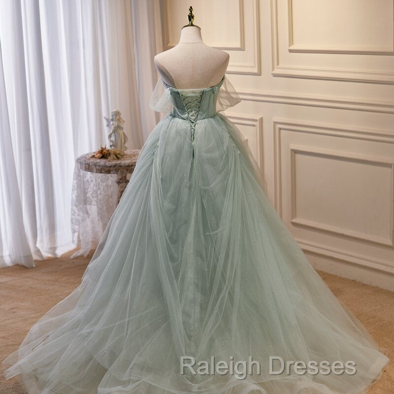 Light Green Tulle Beaded Ball Gown Off Shoulder Party Dress, Green Sweet 16 Dress