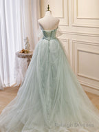 Light Green Tulle Beaded Sweetheart Long Prom Dress, A Line Green Formal Dress