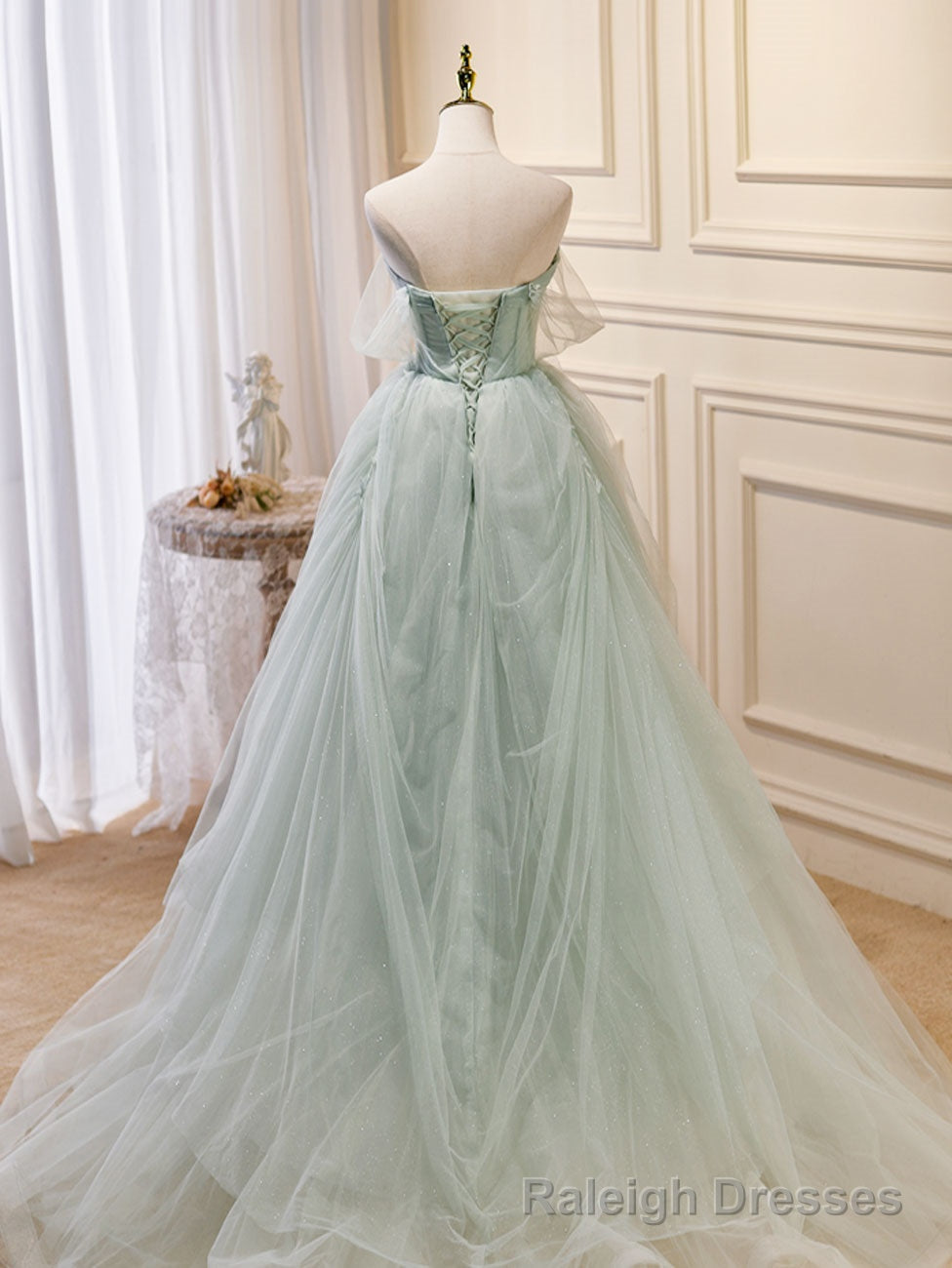 Light Green Tulle Beaded Sweetheart Long Prom Dress, A Line Green Formal Dress