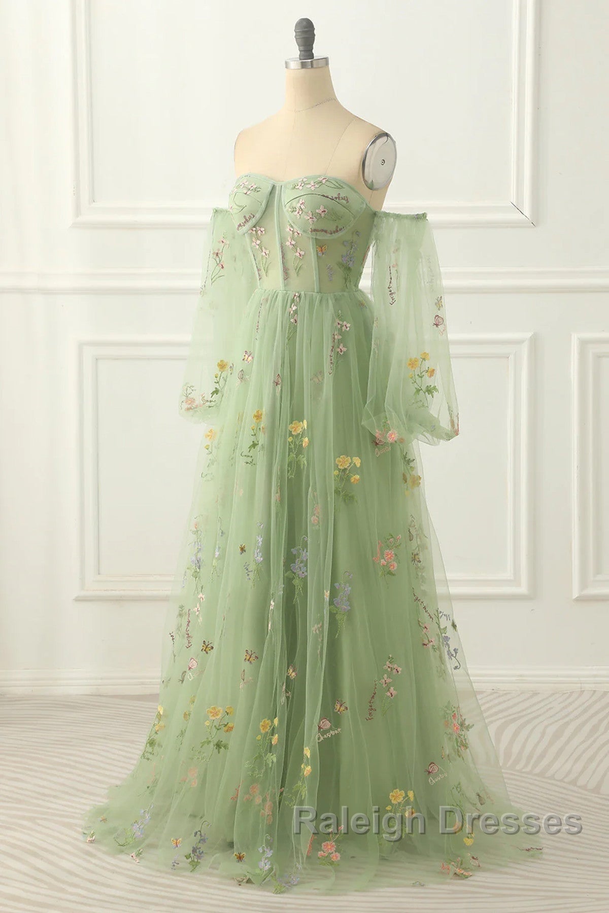 Light Green Tulle Floral Sleeves Long Party Dress, A-Line Light Green Prom Dress