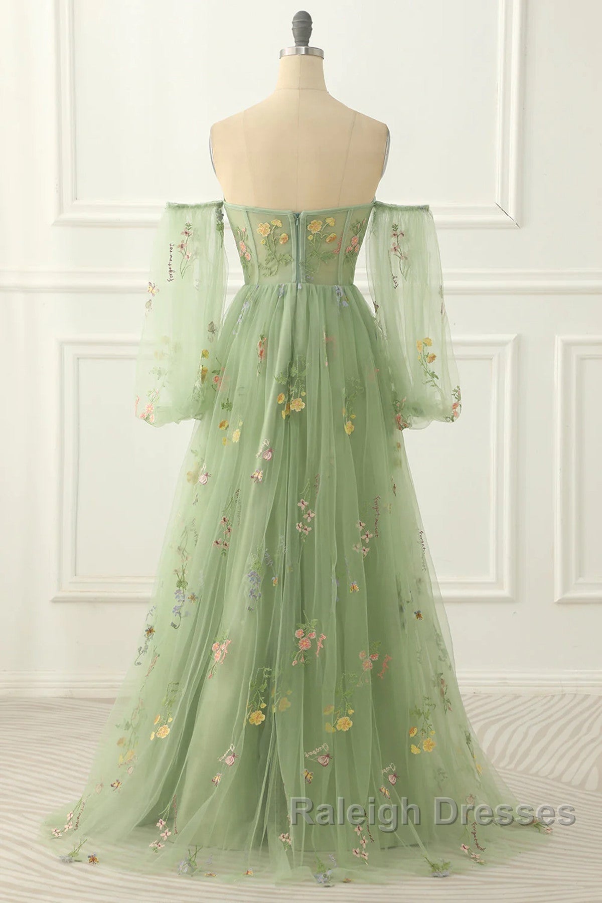 Light Green Tulle Floral Sleeves Long Party Dress, A-Line Light Green Prom Dress