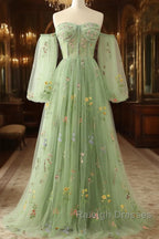 Light Green Tulle Floral Sleeves Long Party Dress, A-Line Light Green Prom Dress