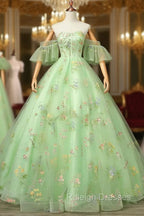 Light Green Tulle Floral Straps Long Formal Dress, Light Green Prom Dress