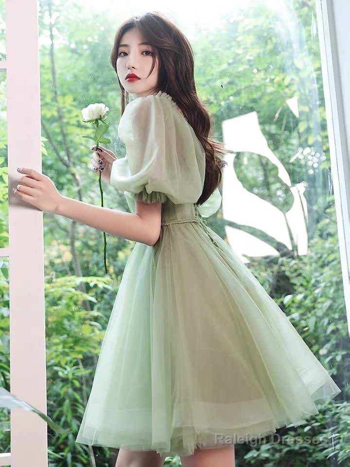 Light Green Tulle Knee Length Off Shoulder Party Dress Prom Dress, Green Homecoming Dress Secondary image