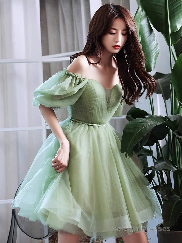 Light Green Tulle Knee Length Off Shoulder Party Dress Prom Dress, Green Homecoming Dress Main image