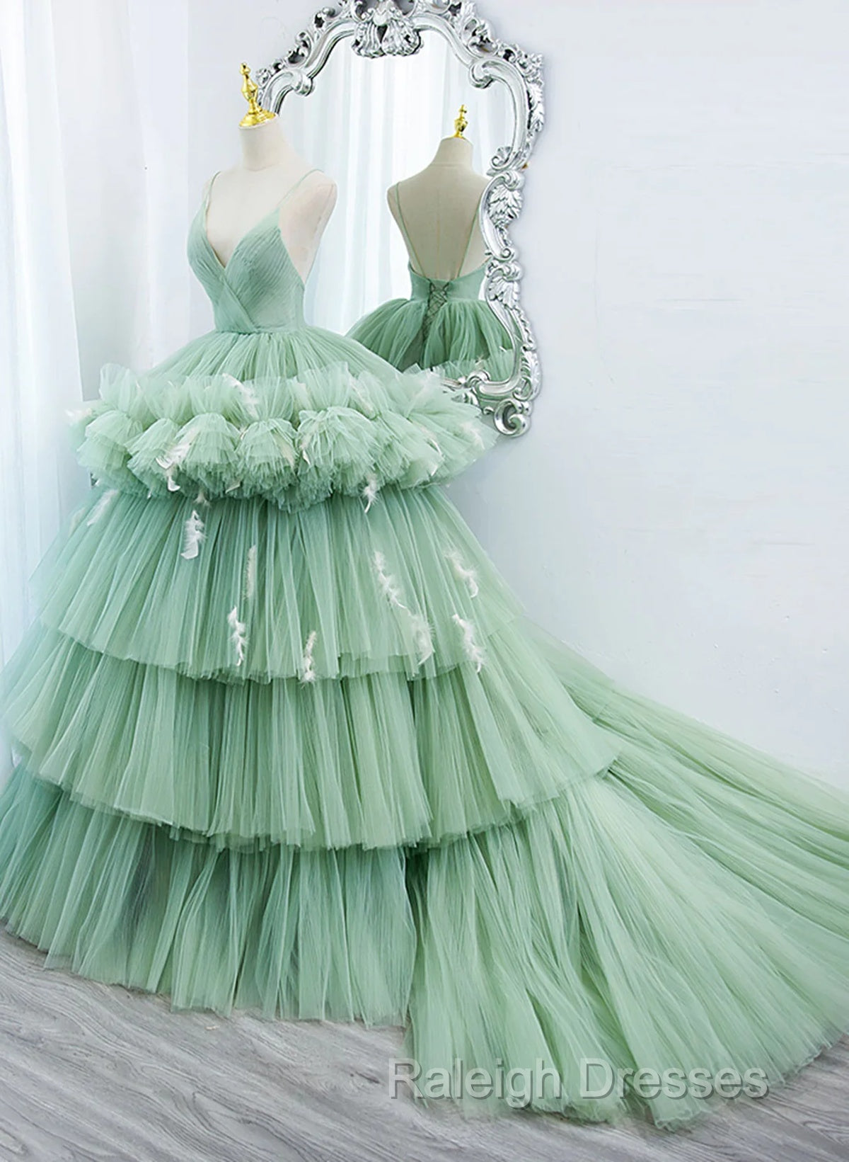 Light Green Tulle Layers Low Back Prom Dress, Light Green Sweet 16 Dress