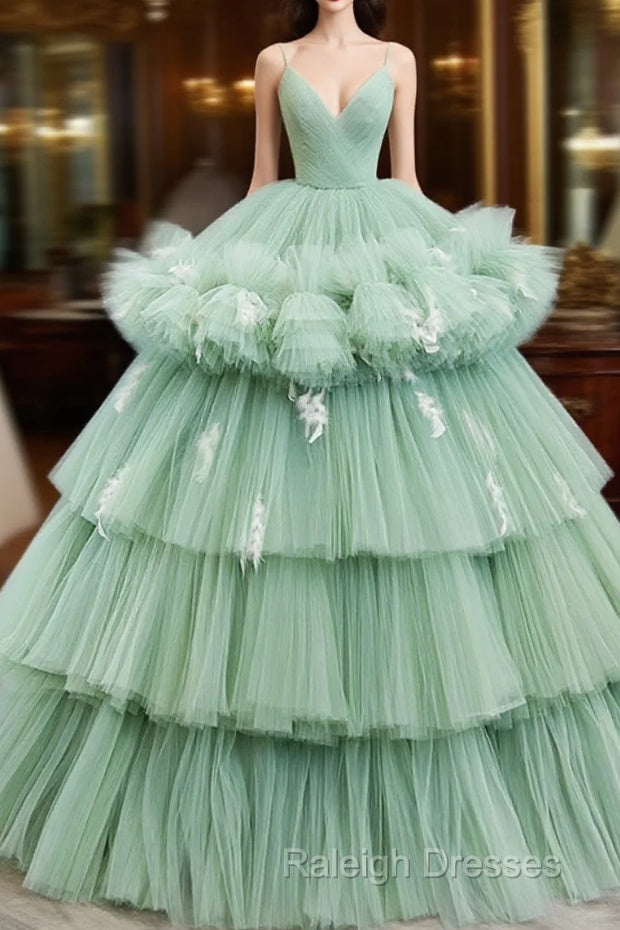 Light Green Tulle Layers Low Back Prom Dress, Light Green Sweet 16 Dress Main image