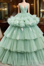 Light Green Tulle Layers Low Back Prom Dress, Light Green Sweet 16 Dress