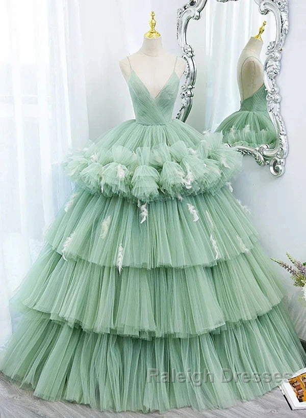 Light Green Tulle Layers Low Back Prom Dress Sweet 16 Dress Quinceanera Dress