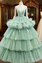 Light Green Tulle Layers Low Back Prom Dress Sweet 16 Dress Quinceanera Dress