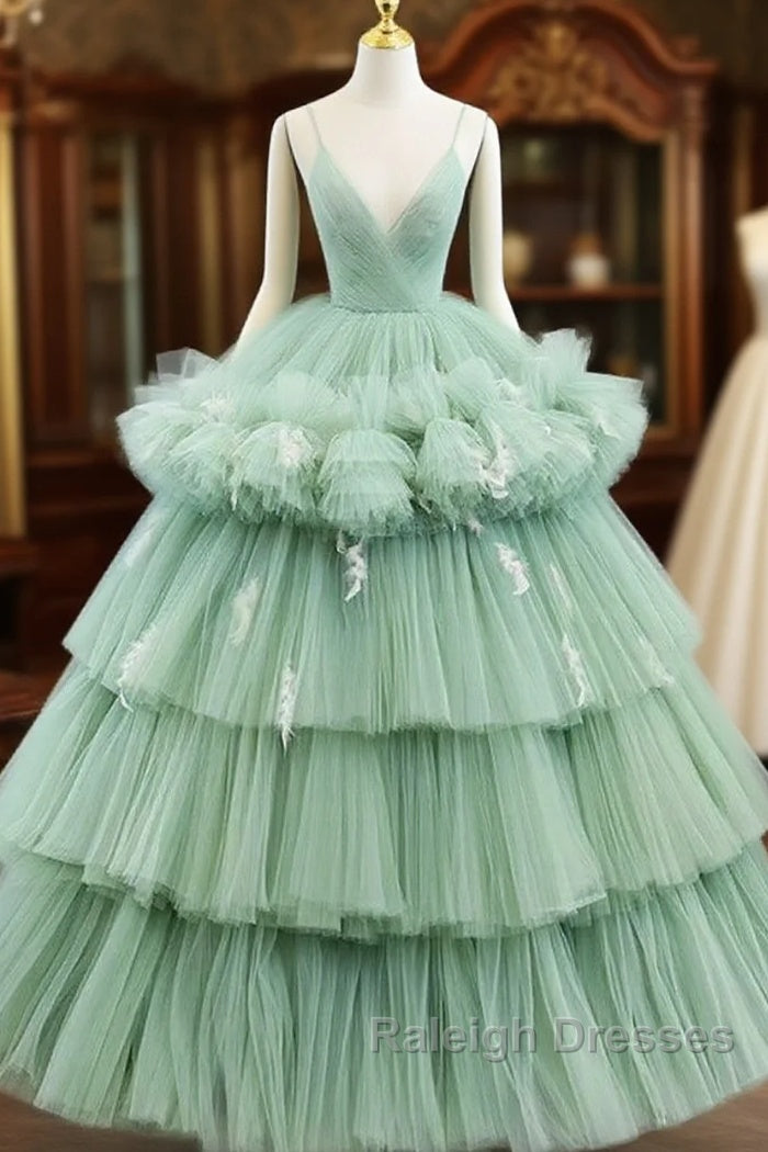 Light Green Tulle Layers Low Back Prom Dress Sweet 16 Dress Quinceanera Dress