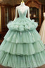 Light Green Tulle Layers Low Back Prom Dress Sweet 16 Dress Quinceanera Dress