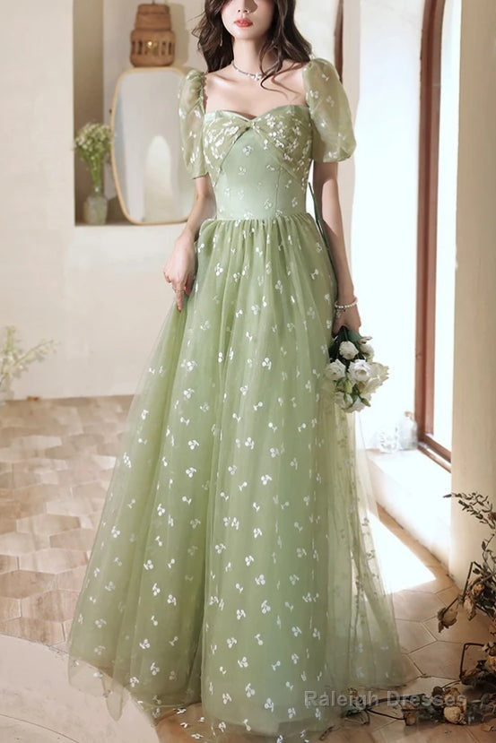 Light Green Tulle Long Formal Gown Party Dress Evening Prom Dresses Short Sleeves Prom Dress Secondary image