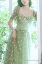 Light Green Tulle Long Formal Gown Party Dress Evening Prom Dresses Short Sleeves Prom Dress