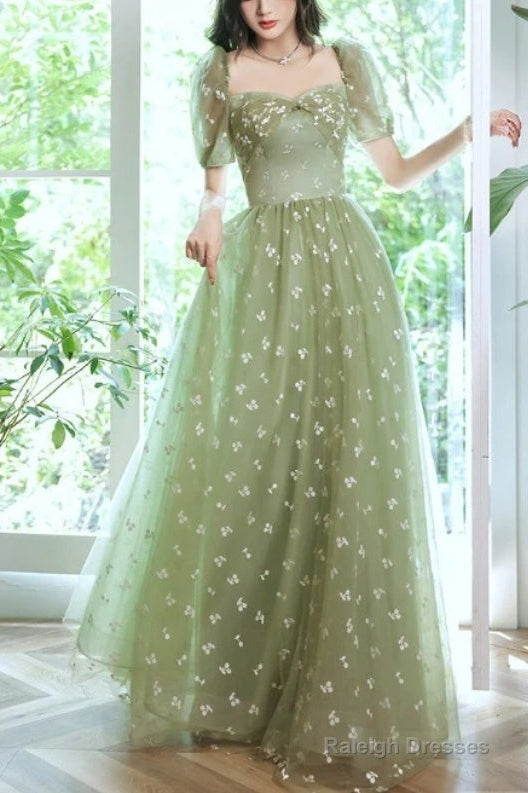 Light Green Tulle Long Prom Gowns Prom Dresses Short Sleeves Prom Dresses