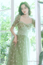 Light Green Tulle Long Formal Gown  Party Dresses, Green Evening Prom Dresses