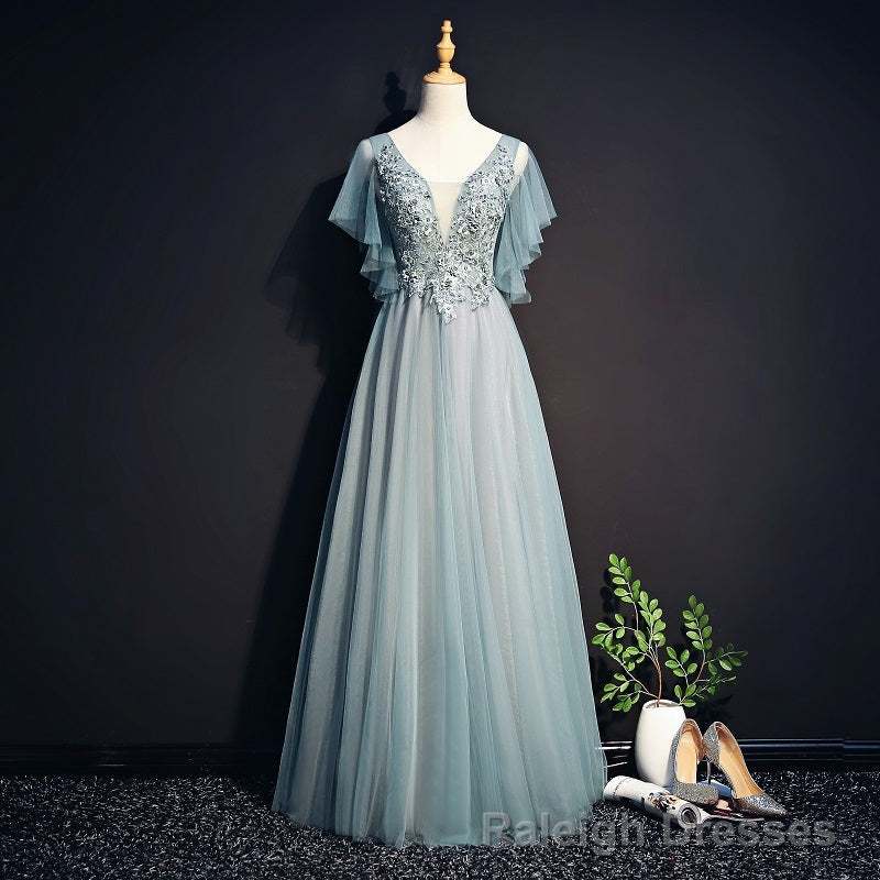 Light Green Tulle Long Party Dress, Green Lace Low Back Prom Dress Evening Dress Main image
