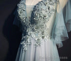 Light Green Tulle Long Prom Dress, Green Lace Low Back Prom Dress