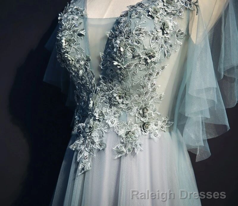 Light Green Tulle Long Prom Dress, Green Lace Low Back Prom Dress