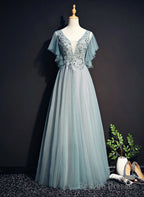 Light Green Tulle Long Prom Dress, Green Lace Low Back Prom Dress