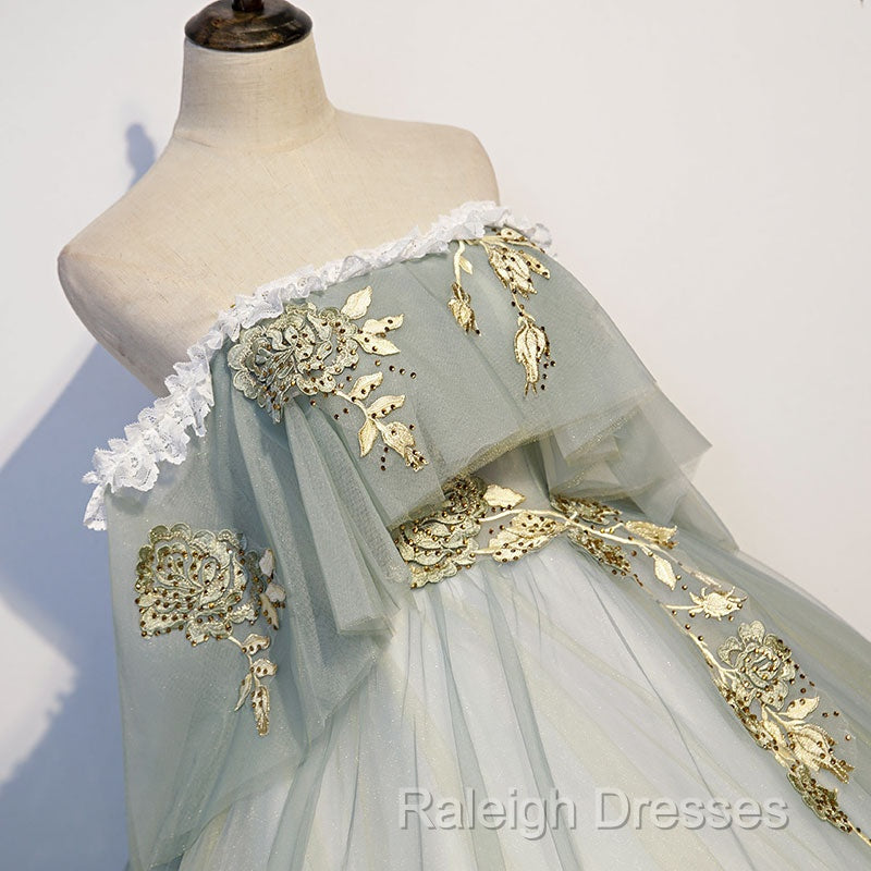 Light Green Tulle Long Party Dress Sweet 16 Dresses, Off Shoulder Prom Dresses