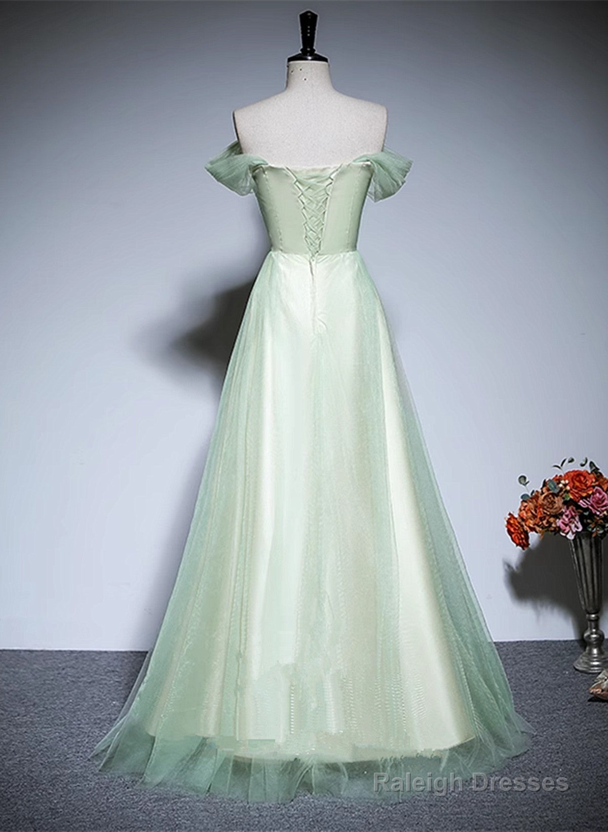 Light Green Tulle Off Shoulder A-Line Prom Dress, Light Green Flowers Long Evening Dress