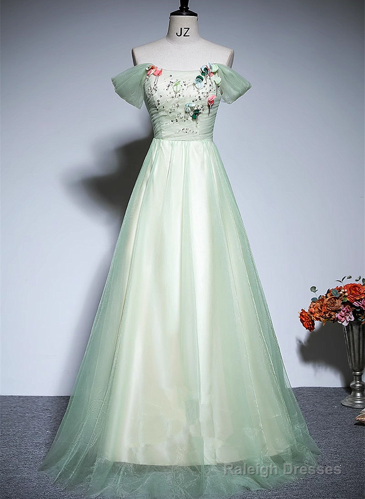 Light Green Tulle Off Shoulder A-Line Prom Dress, Light Green Flowers Long Evening Dress Main image