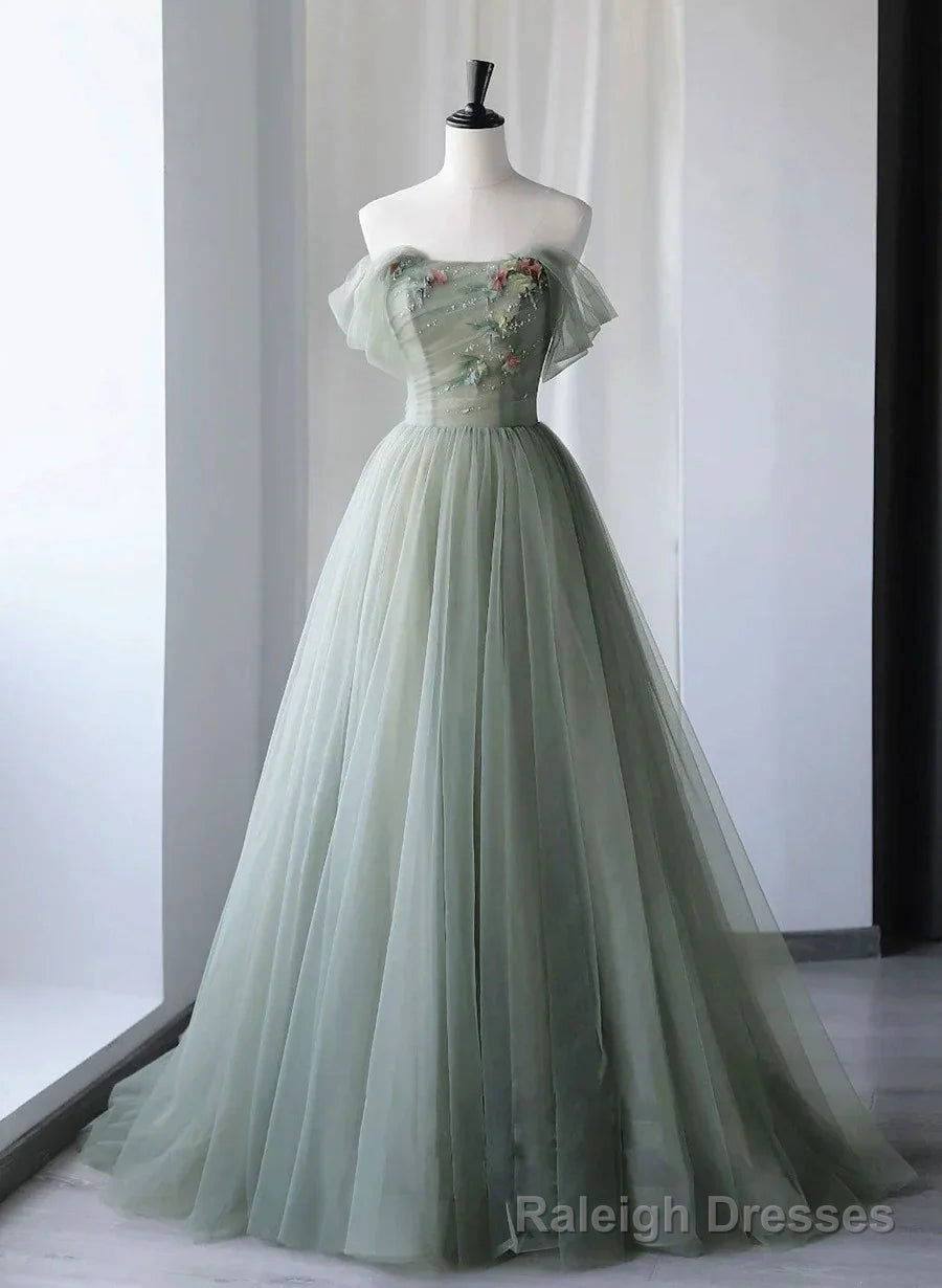 Light Green Tulle Off Shoulder Long Prom Dresses Green Sweetheart Party Dress prom dresses shops
