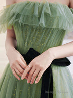 Light Green Tulle Off Shoulder Shiny Tulle Party Dress, Green Long Prom Dress