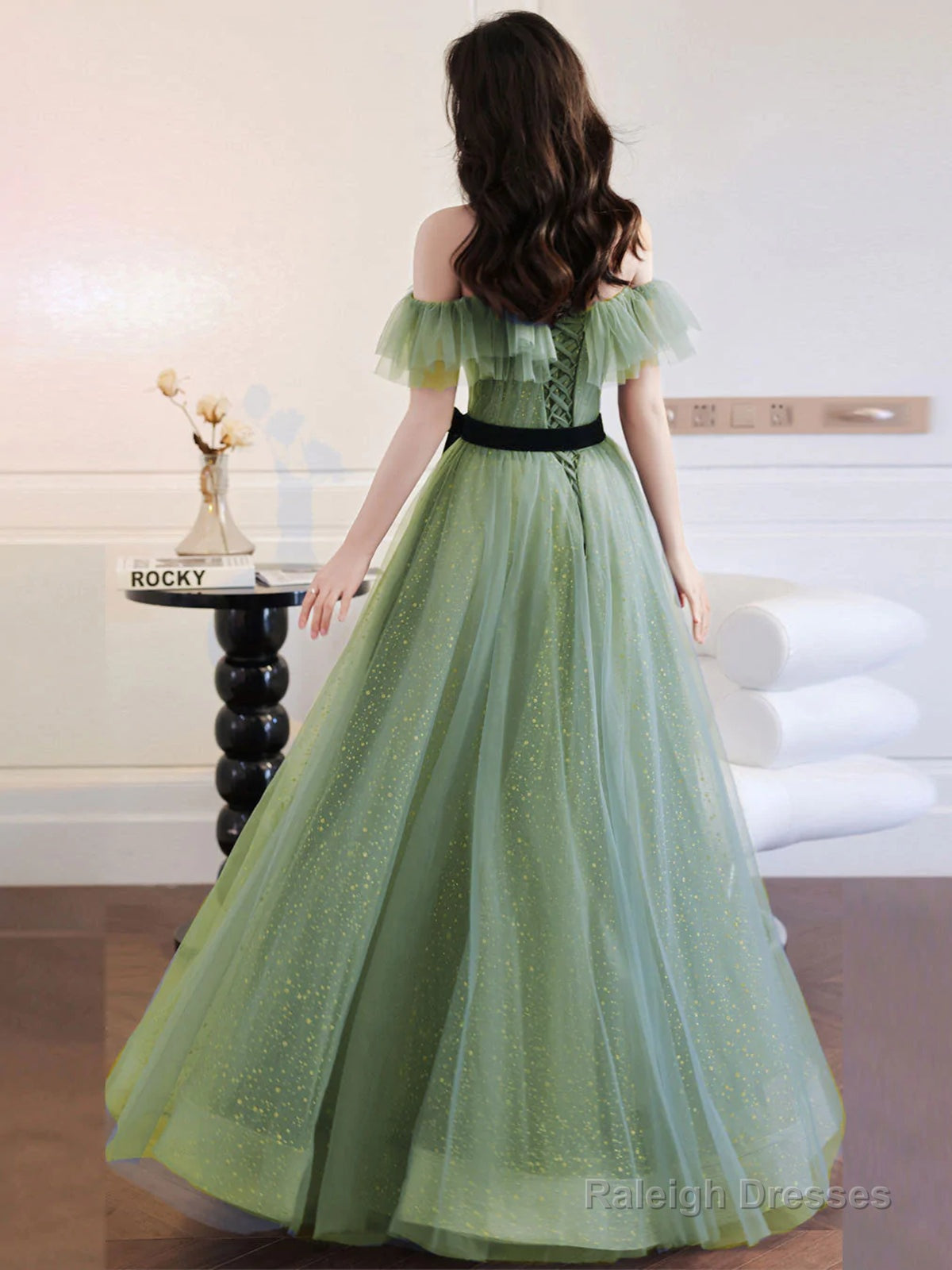 Light Green Tulle Off Shoulder Shiny Tulle Party Dress, Green Long Prom Dress