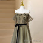 Light Green Tulle Off Shoulder with Flowers A Line Prom Dress, Green Prom Gown