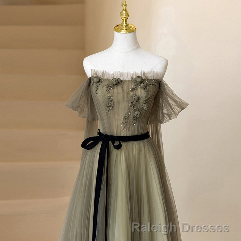 Light Green Tulle Off Shoulder with Flowers A Line Prom Dress, Green Prom Gown
