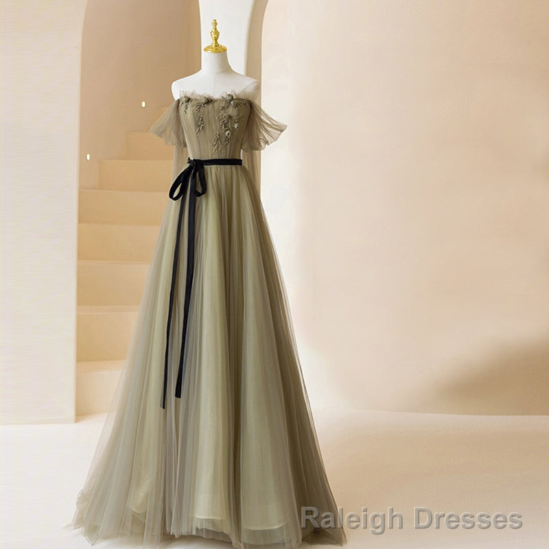 Light Green Tulle Off Shoulder with Flowers A-line Prom Dress, Green Evening Gowns Main image