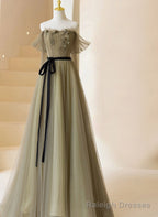 Light Green Tulle Off Shoulder with Flowers A Line Prom Dress, Green Prom Gown