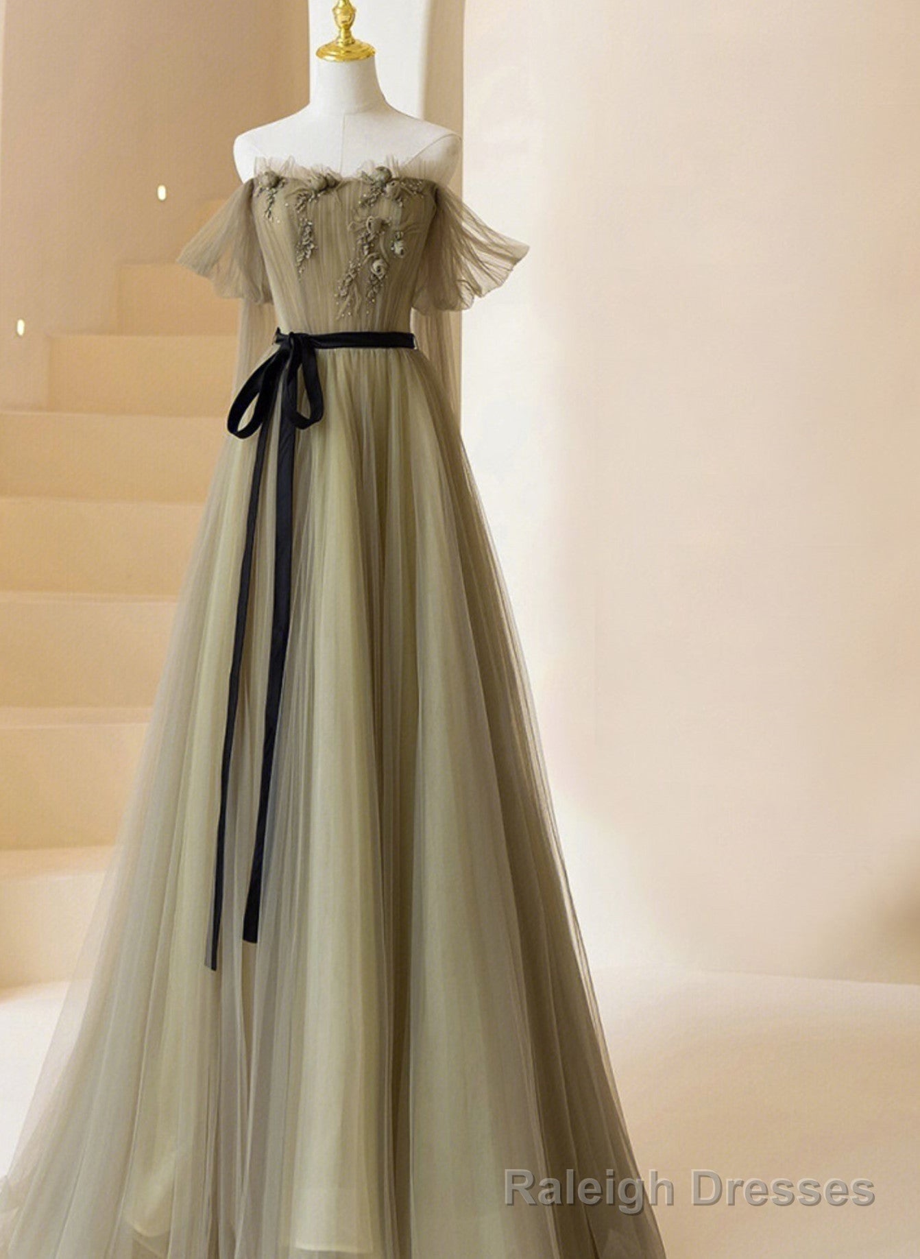 Light Green Tulle Off Shoulder with Flowers A Line Prom Dress, Green Prom Gown