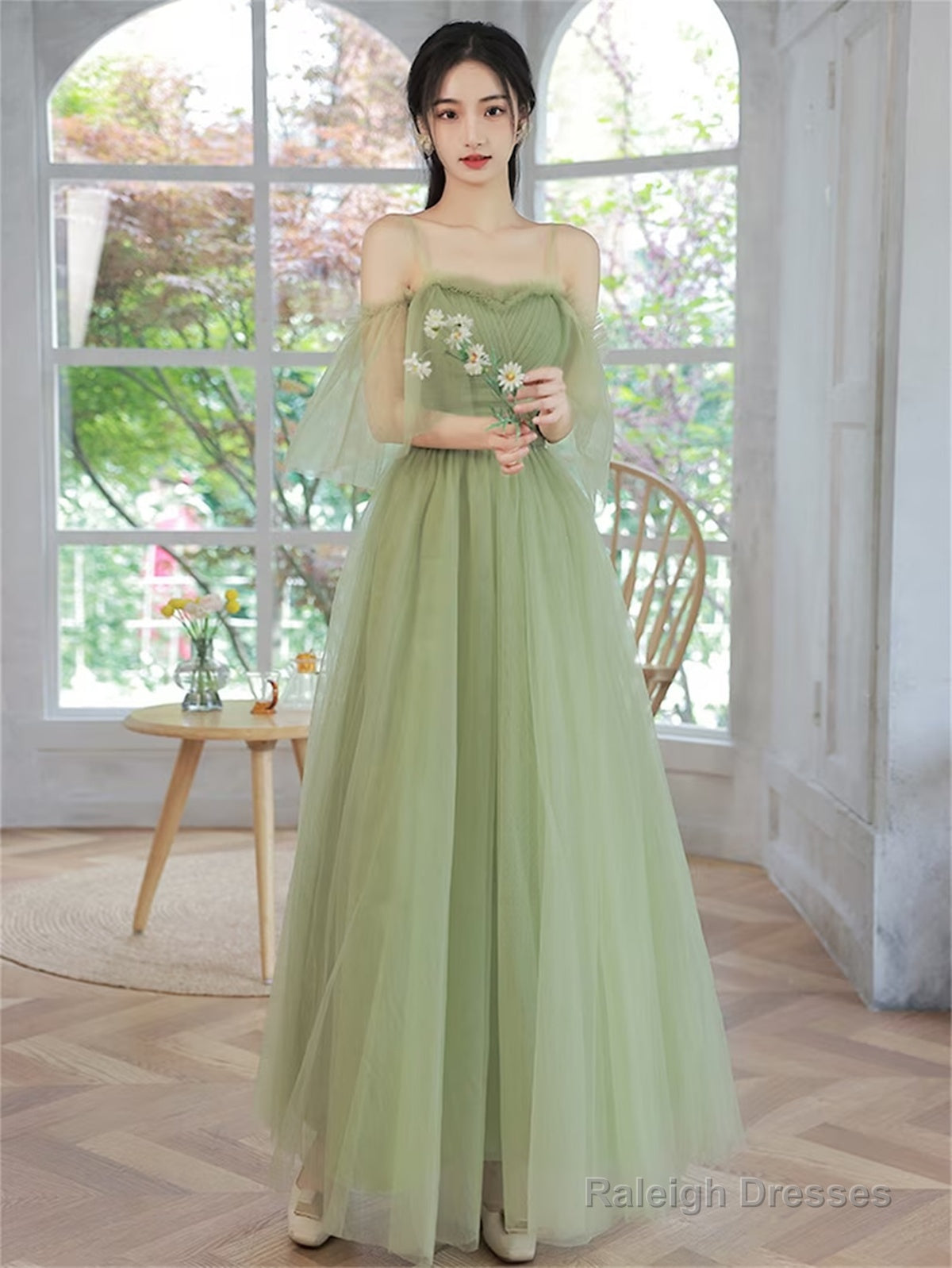 Light Green Tulle Straps A-Line Party Dress, Light Green Prom Dress Evening Dress