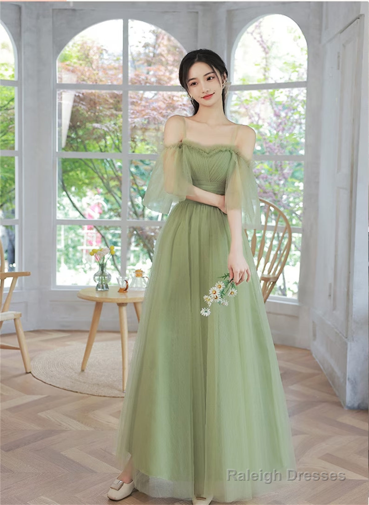 Light Green Tulle Straps A-Line Party Dress, Light Green Prom Dress Evening Dress