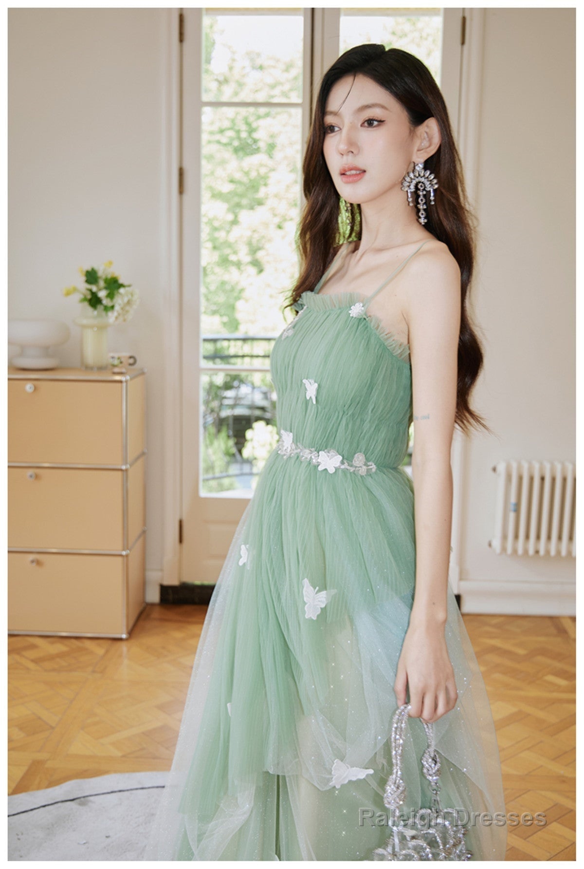 Light Green Tulle Straps Long Prom Dress, Light Green A-Line Party Dress Secondary image