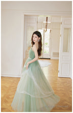 Light Green Tulle Straps Long Prom Dress, Light Green A-Line Party Dress