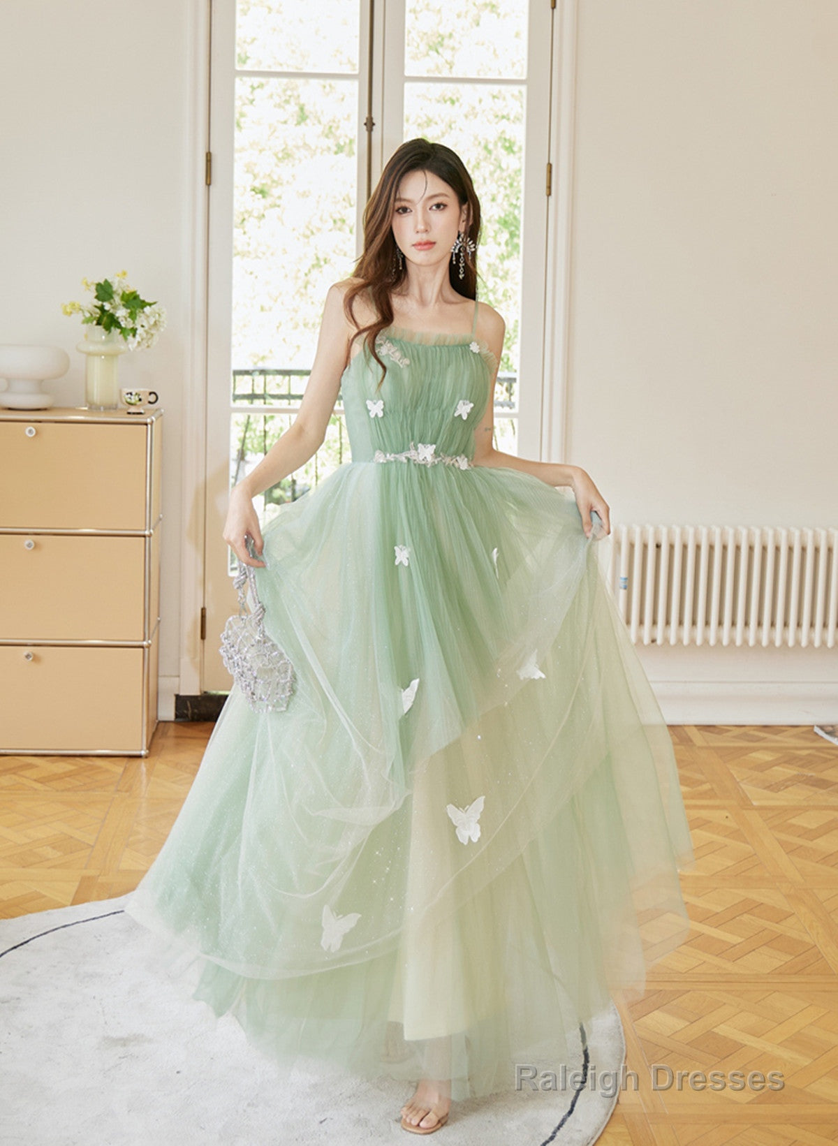 Light Green Tulle Straps Long Prom Dress, Light Green A-Line Party Dress Main image