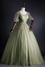Light Green Tulle With Gold Lace Short Sleeves Formal Dress, Light Green Sweet 16 Gown