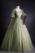 Light Green Tulle With Gold Lace Short Sleeves Prom Dresses Light Green Sweet 16 Gowns