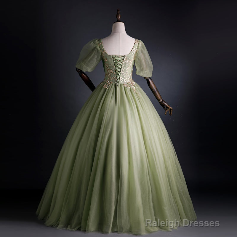 Light Green Tulle With Gold Lace Short Sleeves Formal Dress, Light Green Sweet 16 Gown