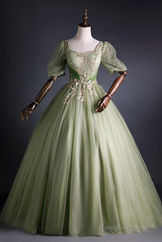 Light Green Tulle With Gold Lace Short Sleeves Formal Dress, Light Green Sweet 16 Gown