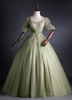 Light Green Tulle With Gold Lace Short Sleeves Formal Dress, Light Green Sweet 16 Gown