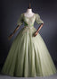 Light Green Tulle With Gold Lace Short Sleeves Formal Dress, Light Green Sweet 16 Gown