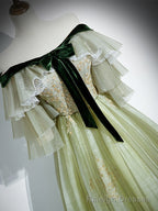 Light Green Tulle with Lace A Line Long Prom Dress, Light Green Prom Dress