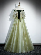 Light Green Tulle with Lace A Line Long Prom Dress, Light Green Prom Dress